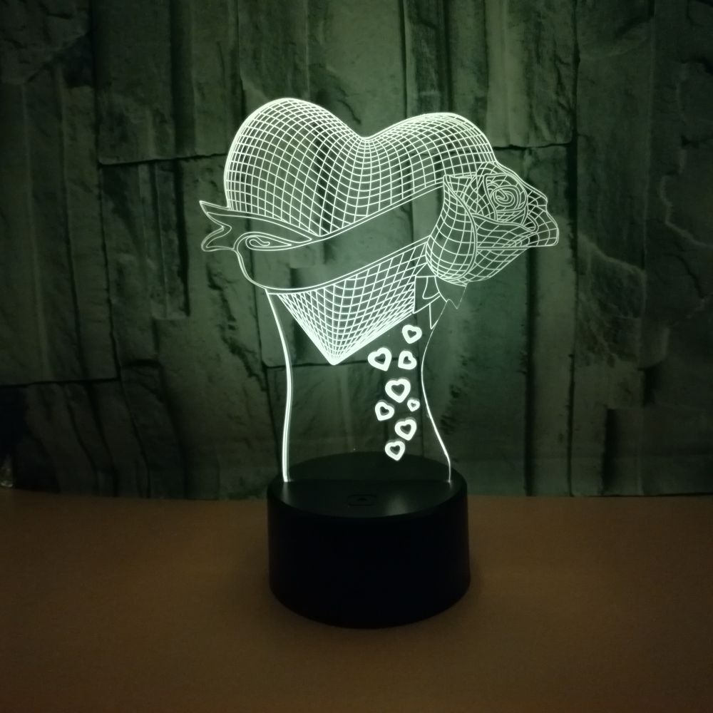 Loving Heart with Rose 3D Effect Optical Illusion LED Lamp