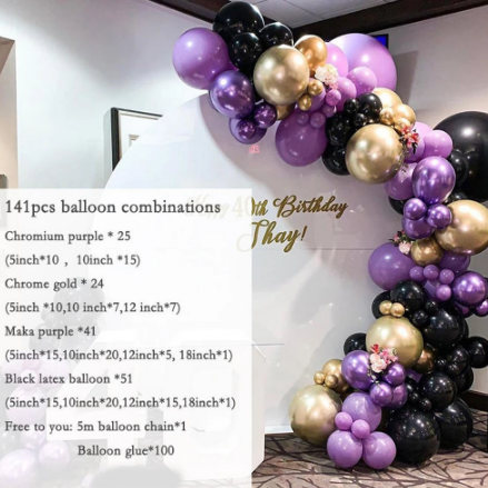 141 Piece Purple Gold and Black Balloon Garland