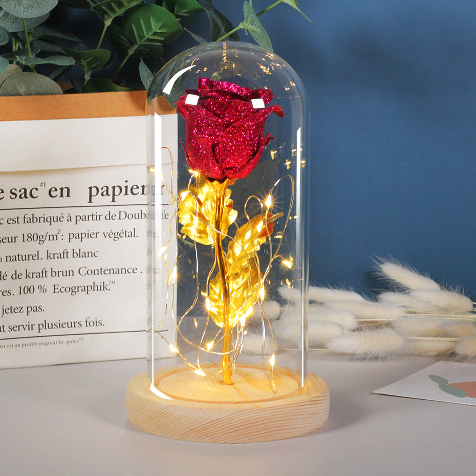 Galaxy Rose Flowers LED Light In Glass Cover Gift Decor