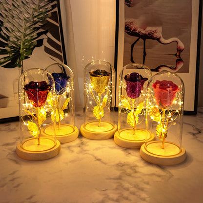 Galaxy Rose Flowers LED Light In Glass Cover Gift Decor