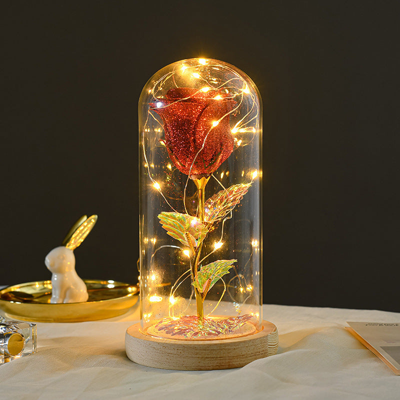 Galaxy Rose Flowers LED Light In Glass Cover Gift Decor