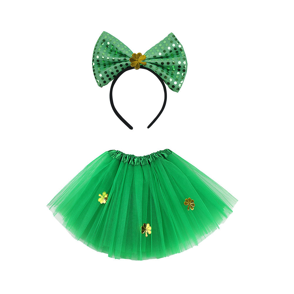 Irish Set Shamrock Sequined Big Bow Headband Three Tier Gauze Skirt