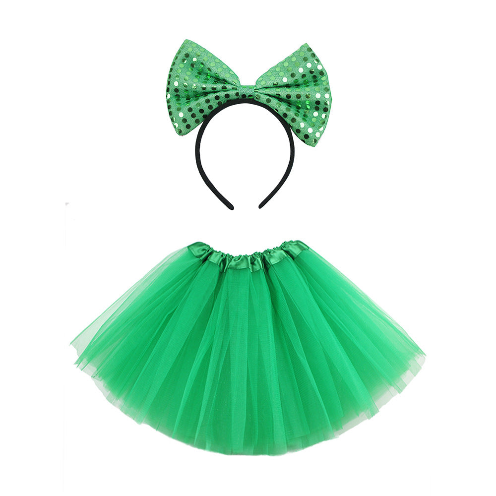 Irish Set Shamrock Sequined Big Bow Headband Three Tier Gauze Skirt