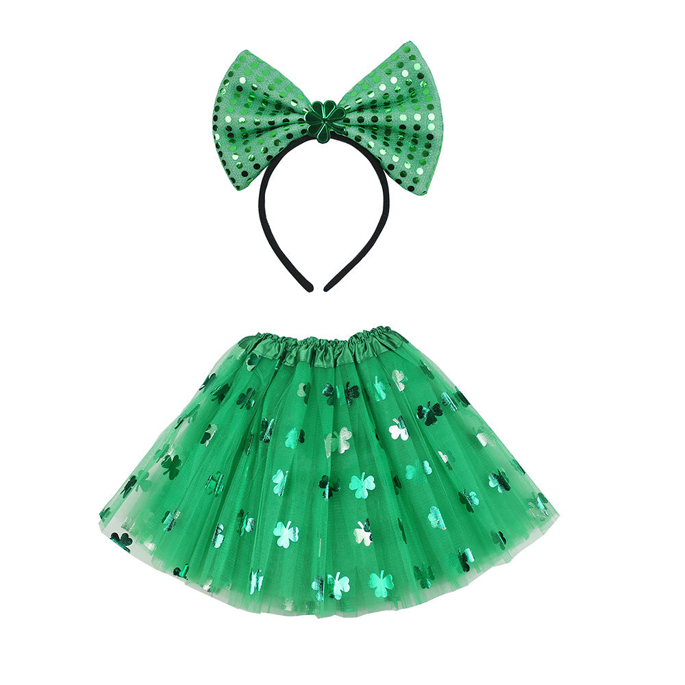 Irish Set Shamrock Sequined Big Bow Headband Three Tier Gauze Skirt