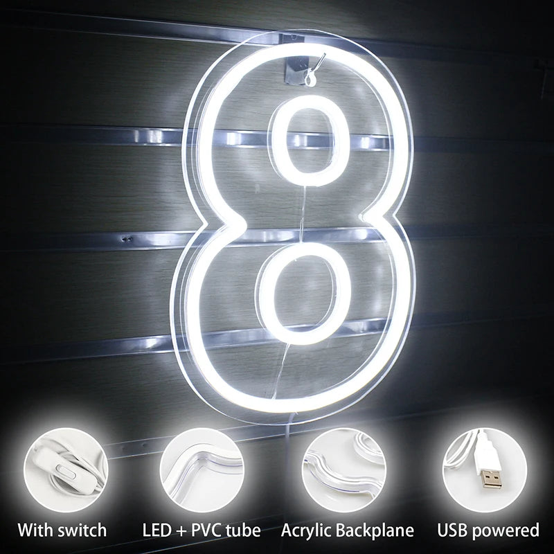 Neon LED Number Signs 0 To 9 USB Powered With Switch