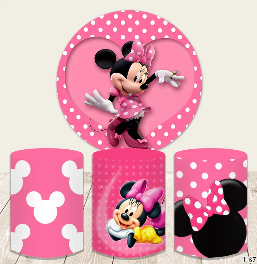 Pink Minnie Theme Baby Birthday Party Decor Circle Backdrop