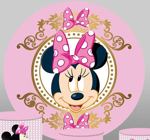 Pink Golden Minnie Theme Circle Round Backdrop for Girls Party