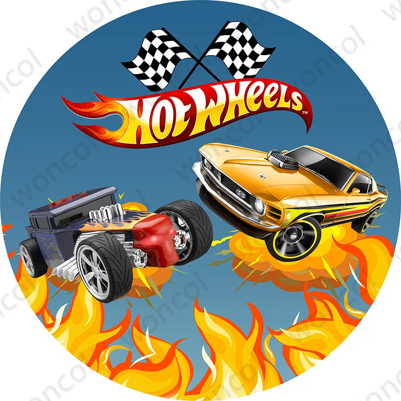 Hot Wheels Theme Circle Photo Backdrop Boy Birthday w/ Round Cylinder Cover